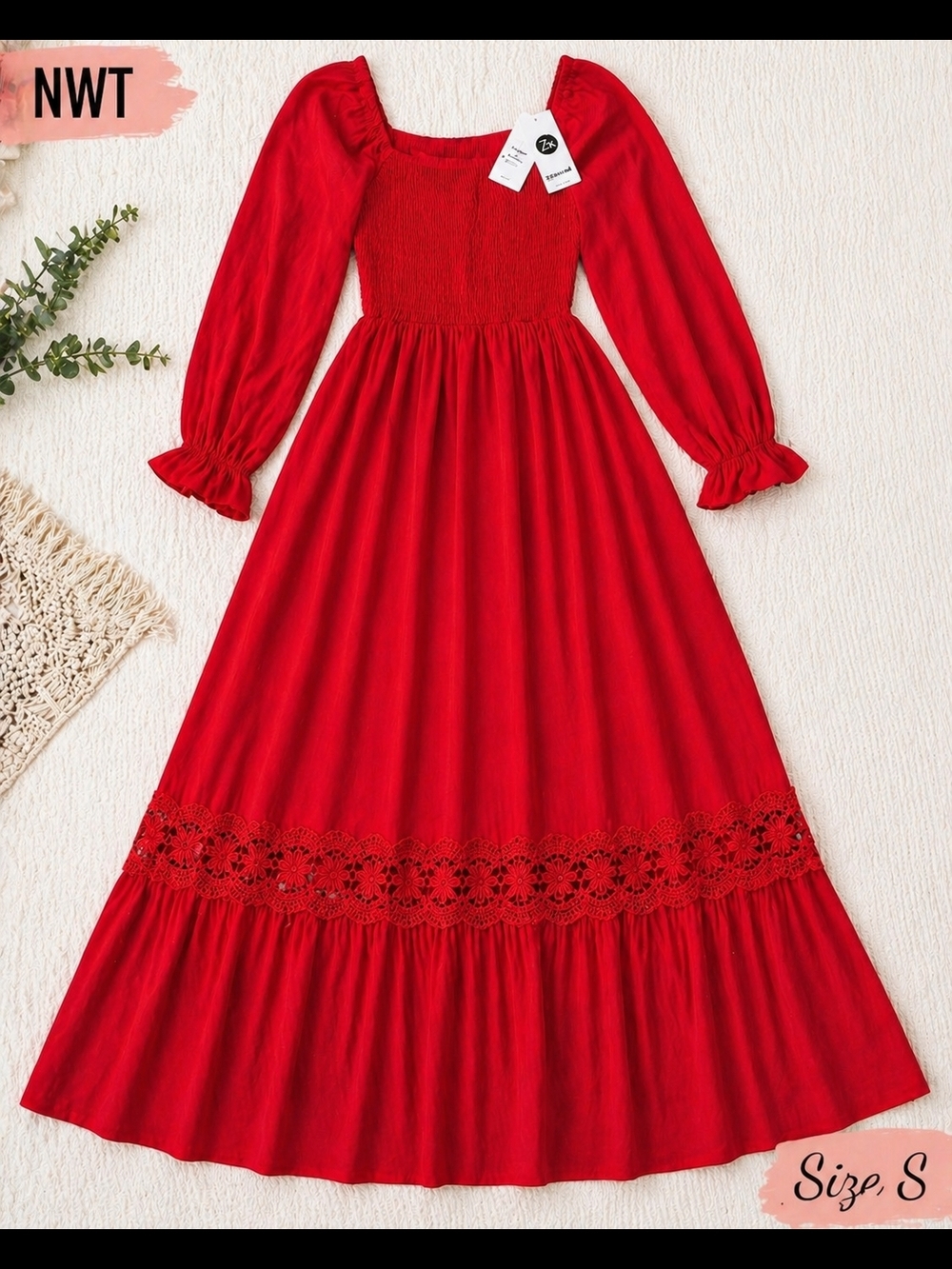 ZESICA Red Smocked Maxi Dress Boho Long Sleeve Cottagecore NWT Size S